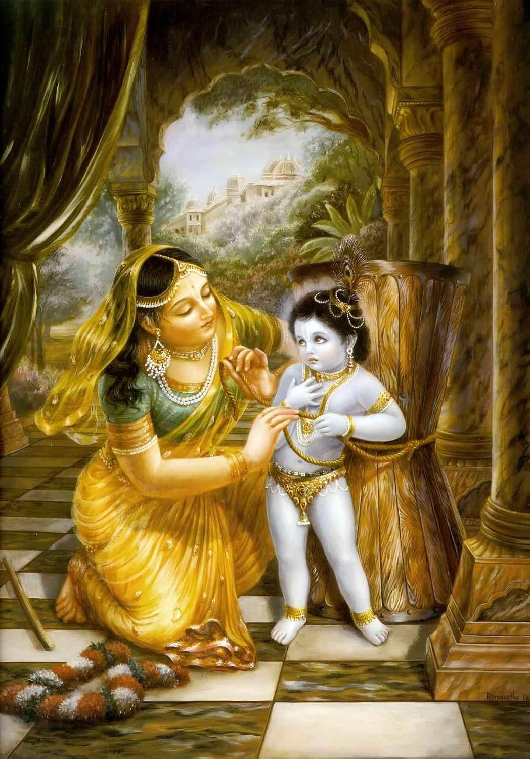Mother Yashoda lovingly tying a rope around child Krishna, Lord Damodar